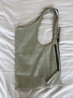 100% Hand-Made, Leather, Olive Green Leather Tote Bag with Exterior Zip Pocket